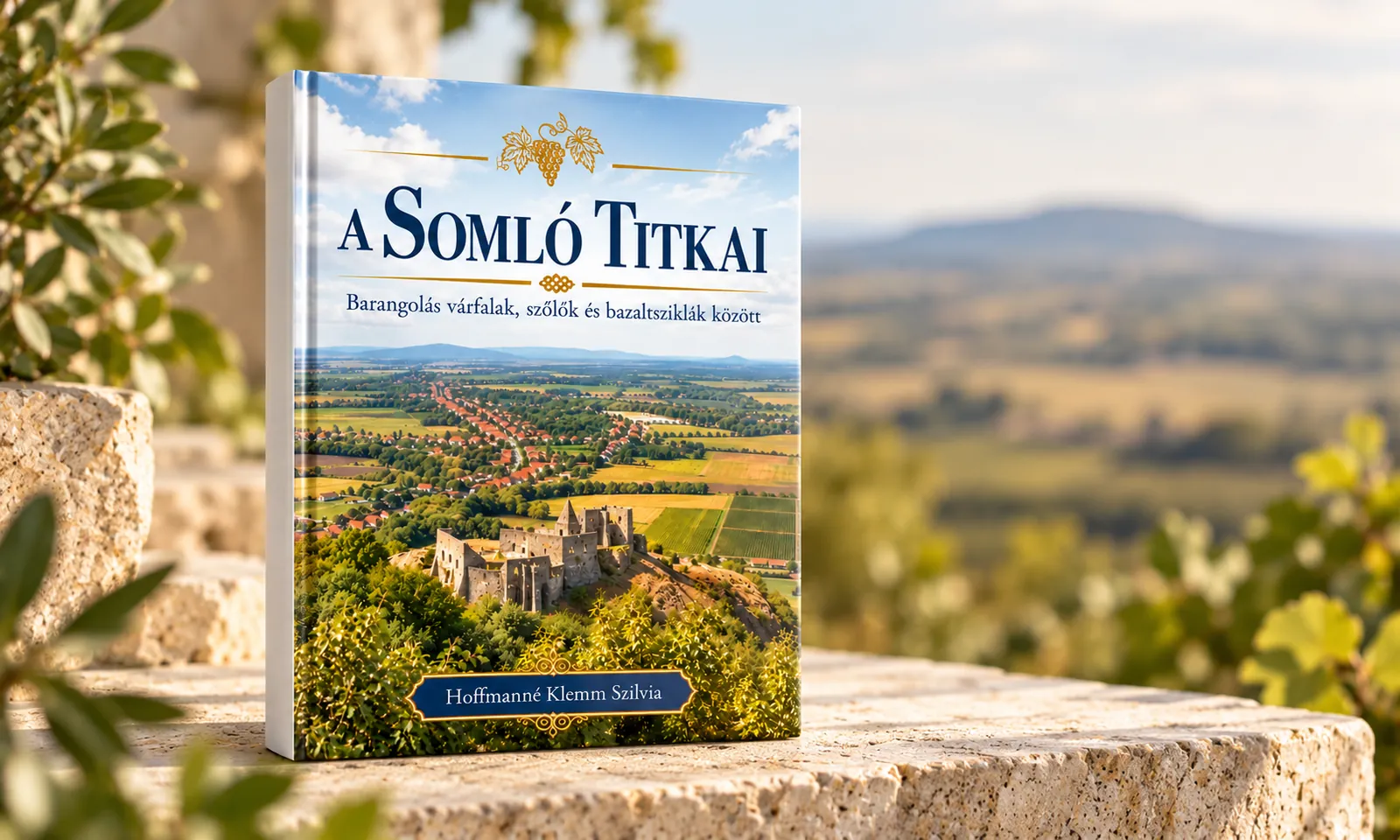 A Somló titkai – Hoffmanné Klemm Szilvia könyve, borítóján a somlói várrom és a Somló-hegy alatti szőlők, falvak