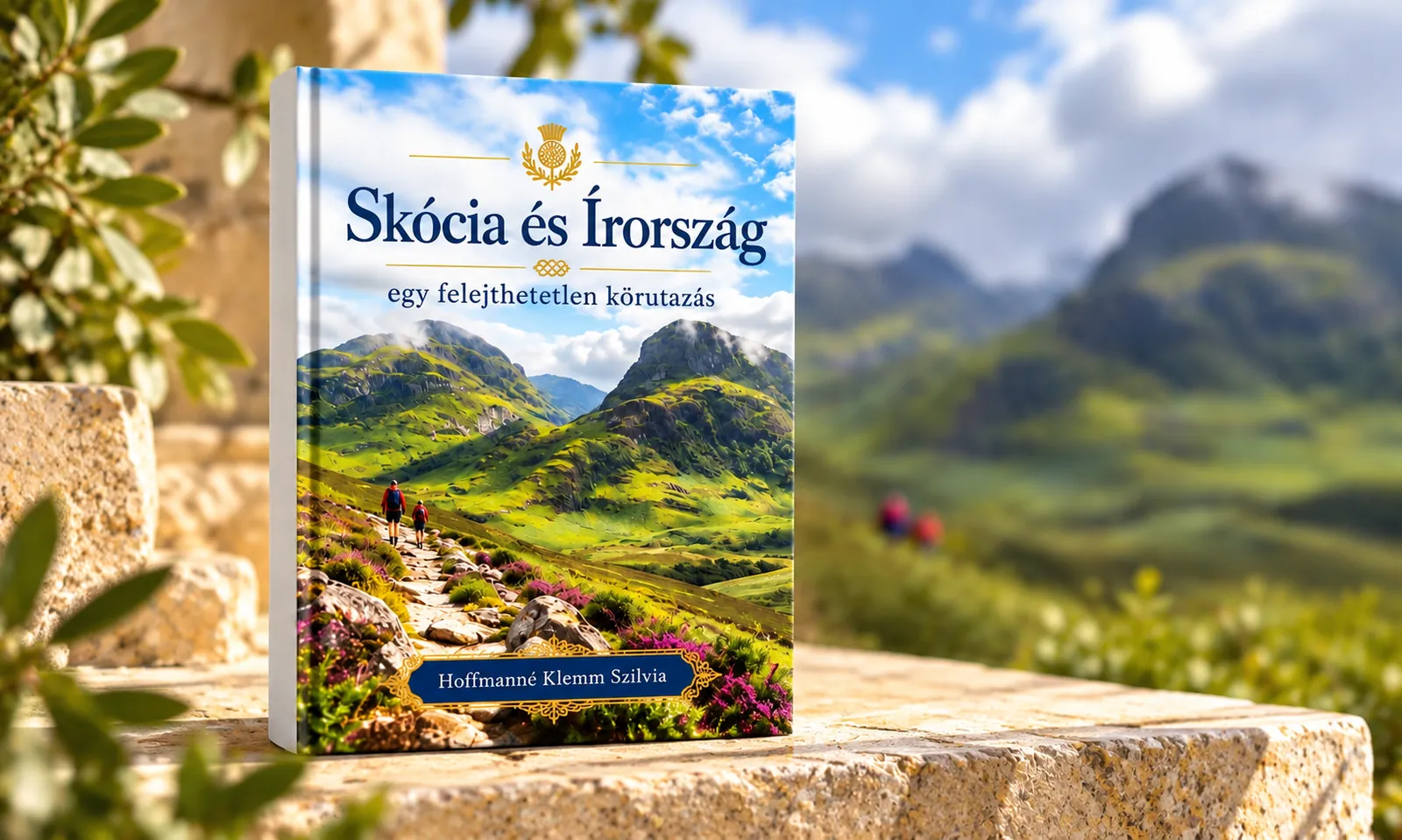 Skócia és Írország – egy felejthetetlen körutazás, Hoffmanné Klemm Szilvia könyve, borítóján túrázók a skót Felföld hegyei között